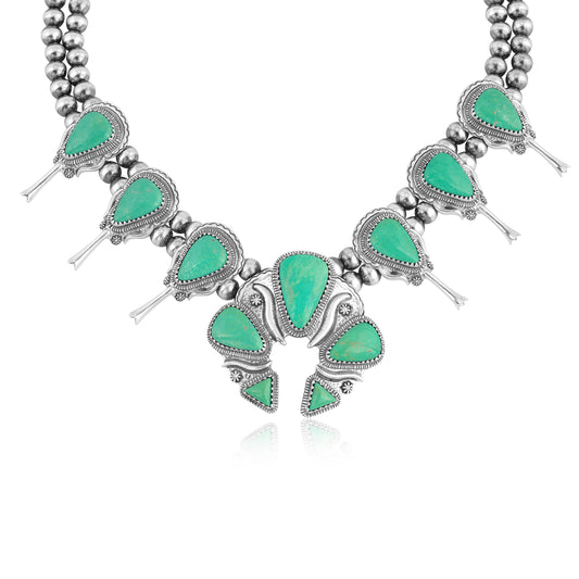 American West Sterling Silver Women's Necklace Green Turquoise Gemstone Large Naja Squash Blossom, 21 to 24 Inches