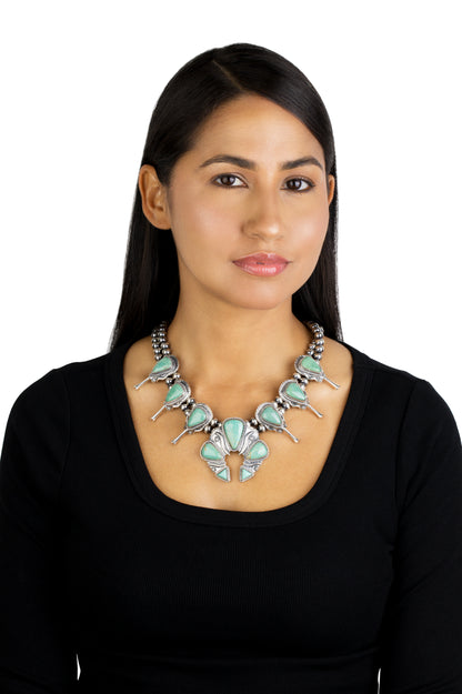 Sterling Silver Green Turquoise Large Naja Squash Blossom Necklace, 21 to 24 Inches