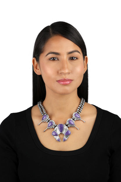 EXCLUSIVELY OURS! Sterling Silver Charoite Large Naja Squash Blossom Necklace, 21 to 24 Inches