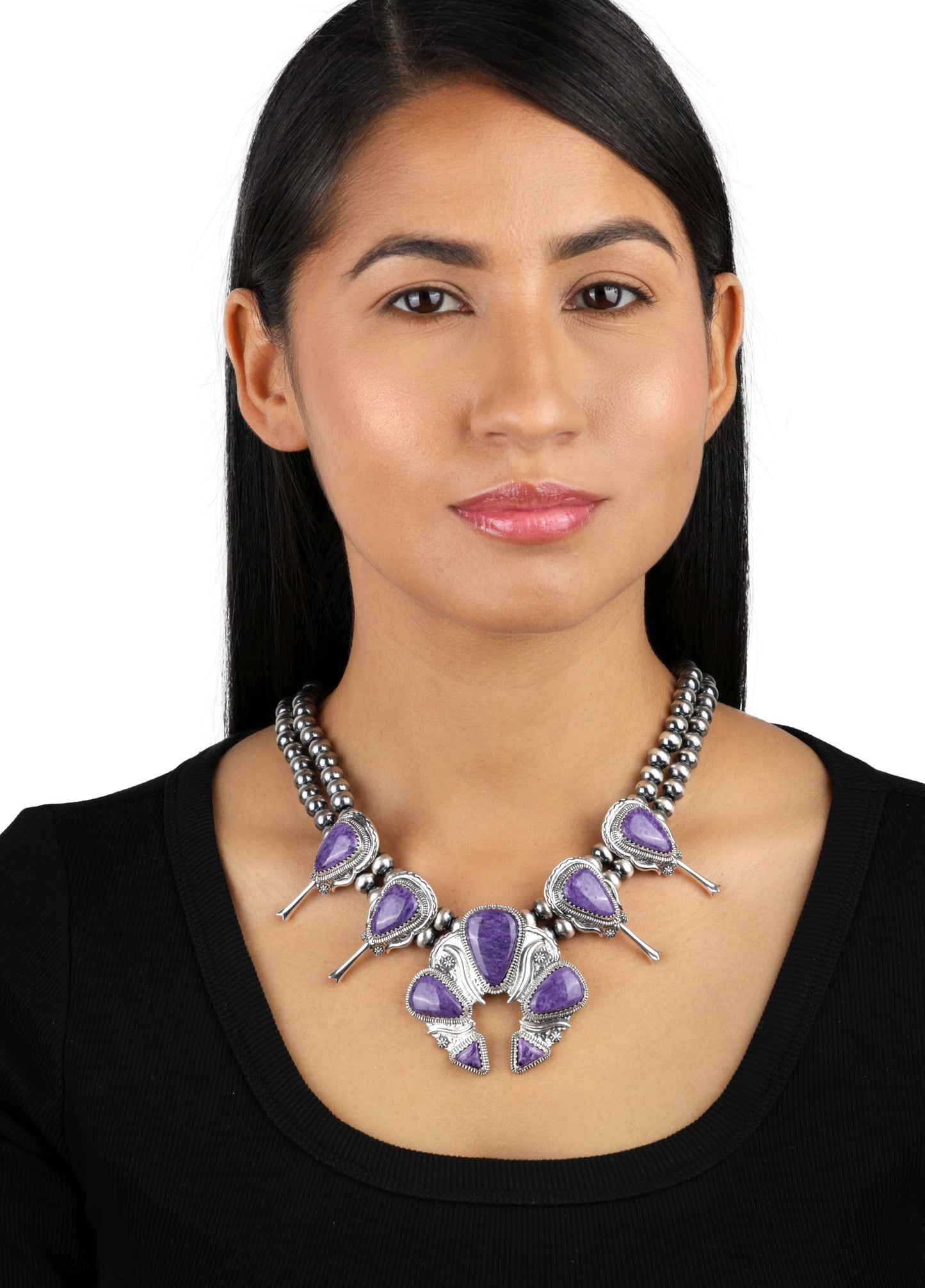 EXCLUSIVELY OURS! Sterling Silver Lapis Large Naja Squash Blossom Necklace, 21 to 24 Inches