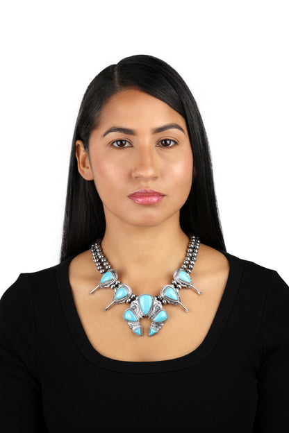 EXCLUSIVELY OURS! Sterling Silver Kingman Turquoise Large Naja Squash Blossom Necklace, 21 to 24 Inches