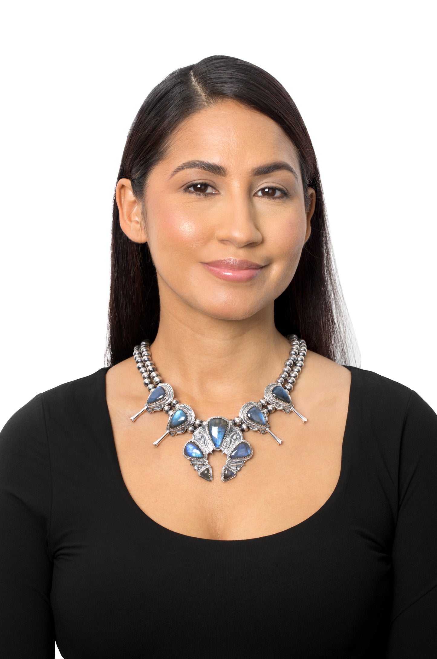 EXCLUSIVELY OURS! Sterling Silver Labradorite Large Naja Squash Blossom Necklace, 21 to 24 Inches