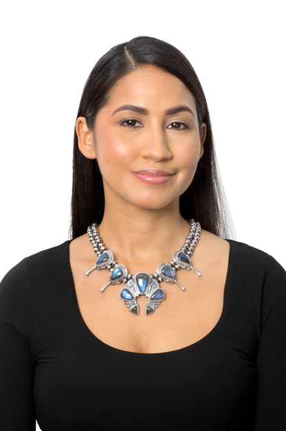 EXCLUSIVELY OURS! Sterling Silver Labradorite Large Naja Squash Blossom Necklace, 21 to 24 Inches