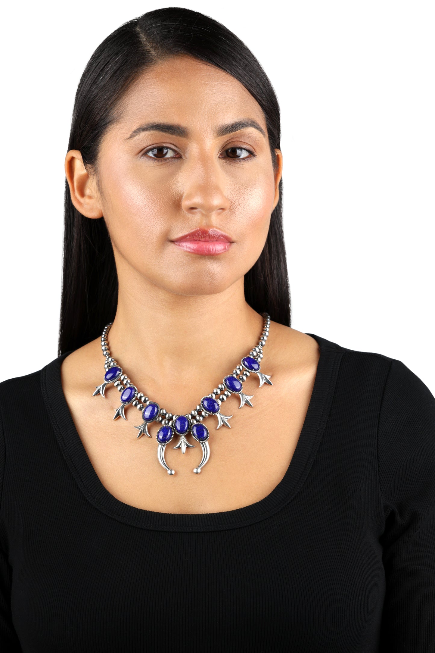 Sterling Silver Blue Lapis Squash Blossom Naja Necklace, 18 to 21 Inches