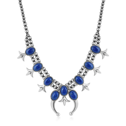 Sterling Silver Blue Lapis Squash Blossom Naja Necklace, 18 to 21 Inches