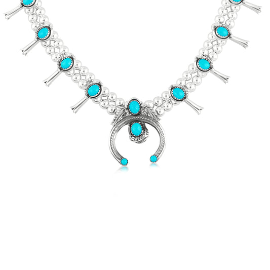 Sterling Silver Sleeping Beauty Turquoise Squash Blossom Necklace, 21 to 24 Inches