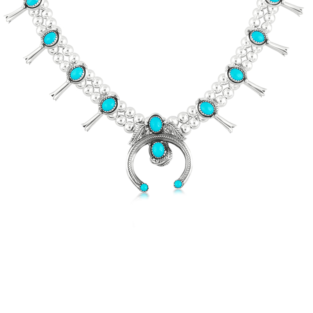 Sterling Silver Sleeping Beauty Turquoise Squash Blossom Necklace, 21 to 24 Inches