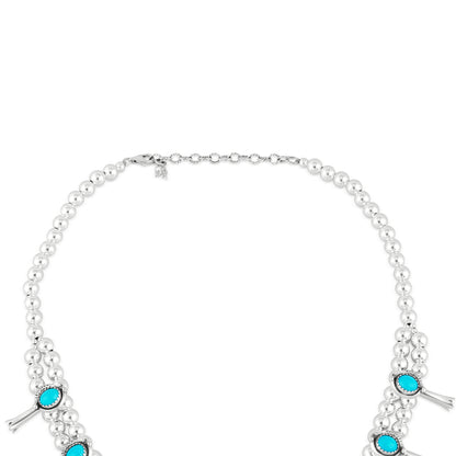 Sterling Silver Sleeping Beauty Turquoise Squash Blossom Necklace, 21 to 24 Inches