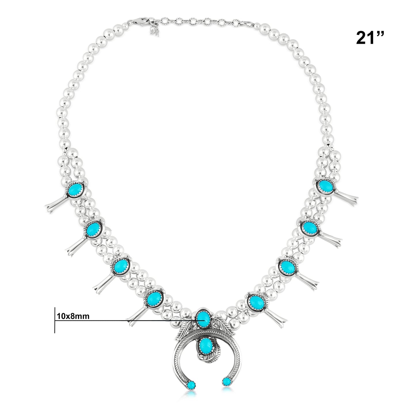 Sterling Silver Sleeping Beauty Turquoise Squash Blossom Necklace, 21 to 24 Inches