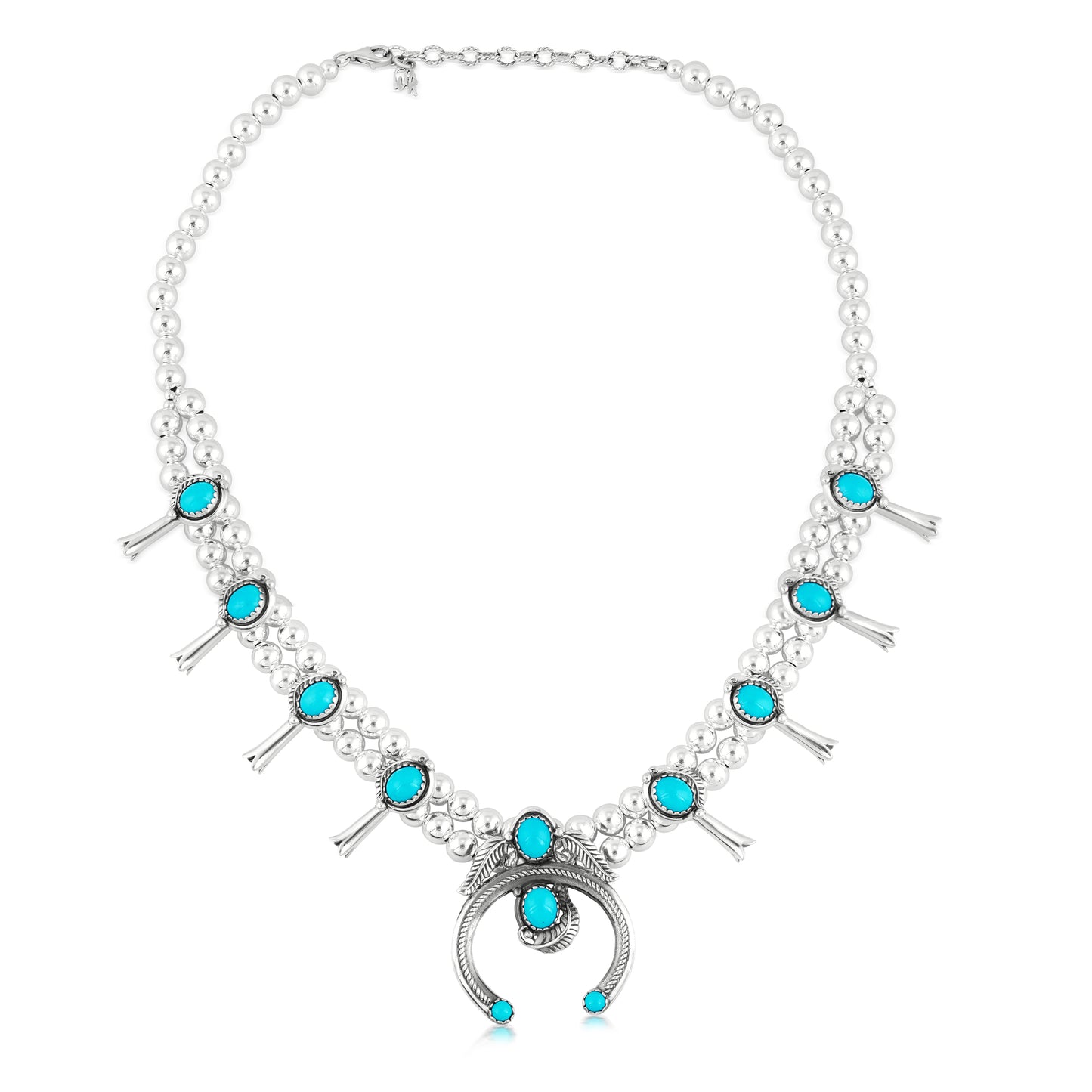 Sterling Silver Sleeping Beauty Turquoise Squash Blossom Necklace, 21 to 24 Inches