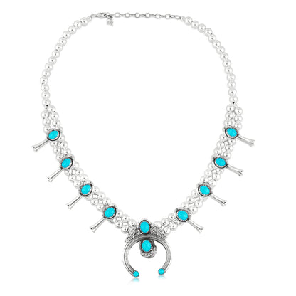 Sterling Silver Sleeping Beauty Turquoise Squash Blossom Necklace, 21 to 24 Inches