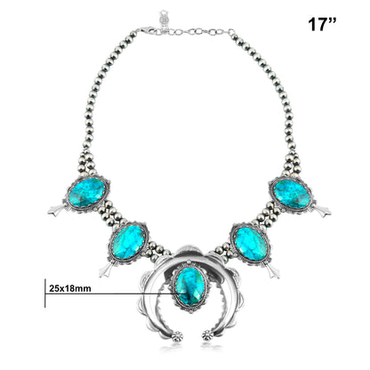 Sterling Silver Chrysocolla Naja Squash Blossom Necklace, 17 to 20 Inches