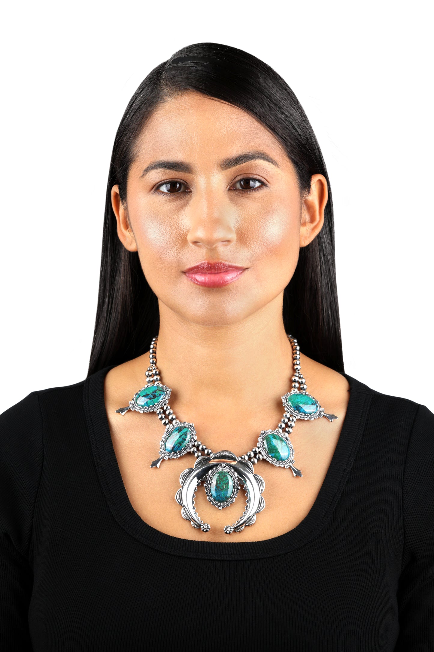 Sterling Silver Blue Green Chrysocolla Naja Squash Blossom Necklace, 17 to 20 Inches