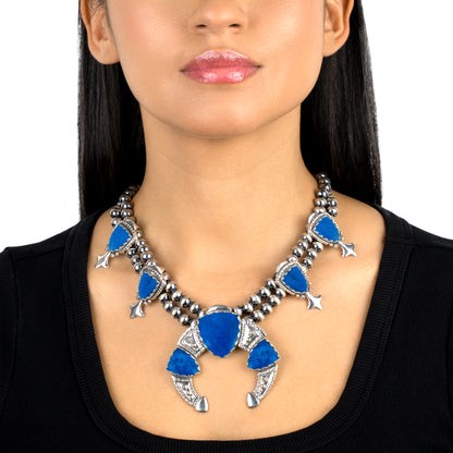 Sterling Silver Lapis Arrowhead Squash Blossom Statement Necklace, 18 to 21 Inches
