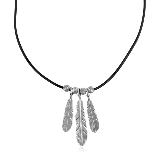 Sterling Silver Triple Feather Black Genuine Leather Necklace, 17 -20 Inches