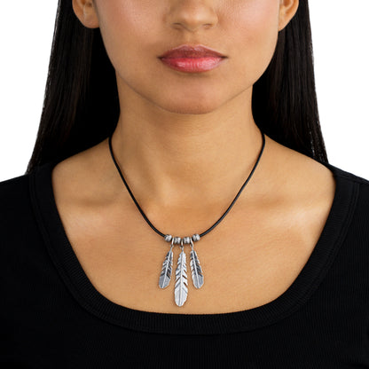 Sterling Silver Triple Feather Black Genuine Leather Necklace, 17 -20 Inches