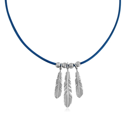 Sterling Silver Triple Feather Blue Leather Necklace