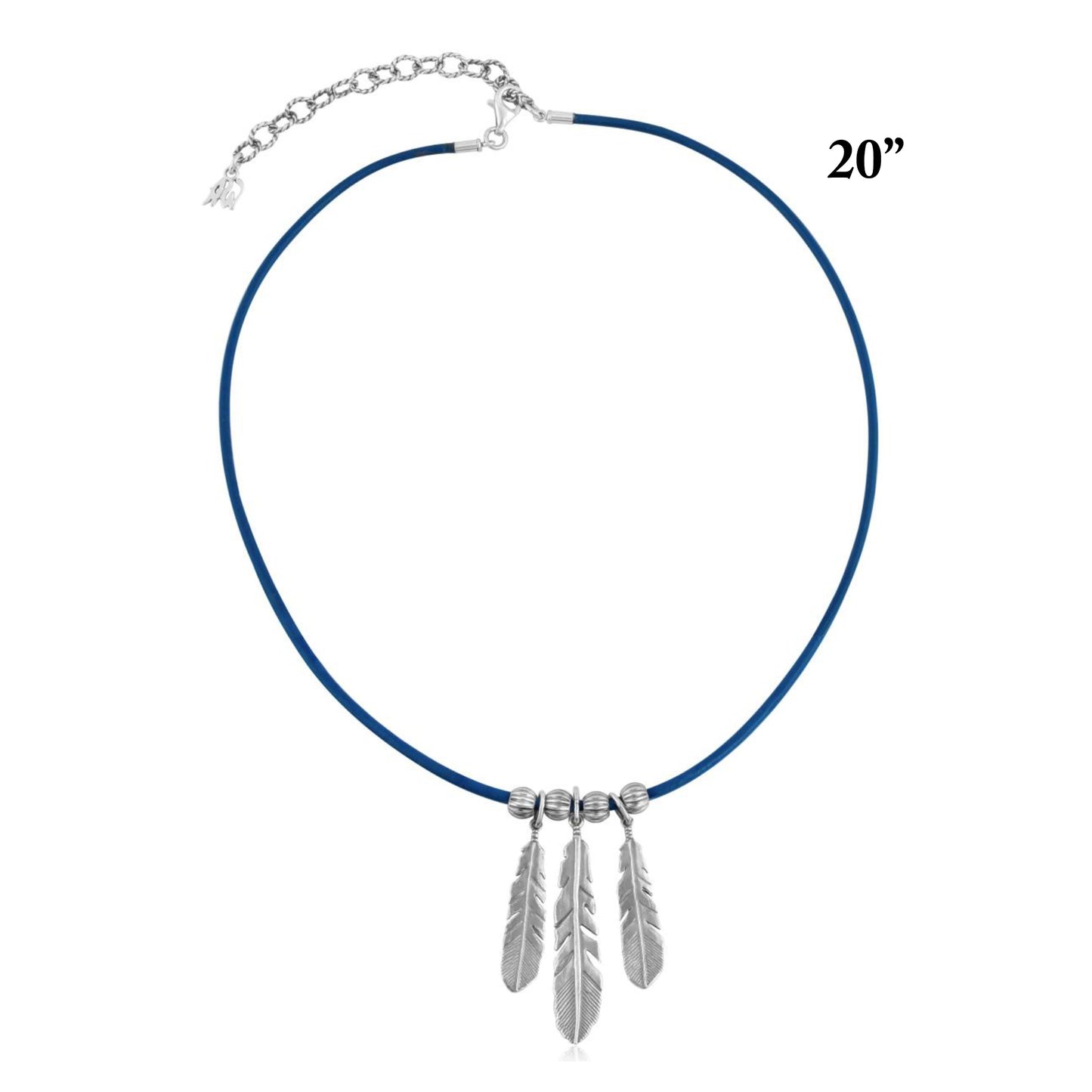 Sterling Silver Triple Feather Blue Genuine Leather Necklace, 17 -20 Inches