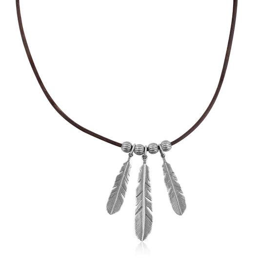 Sterling Silver Triple Feather Brown Genuine Leather Necklace, 17-20 Inches