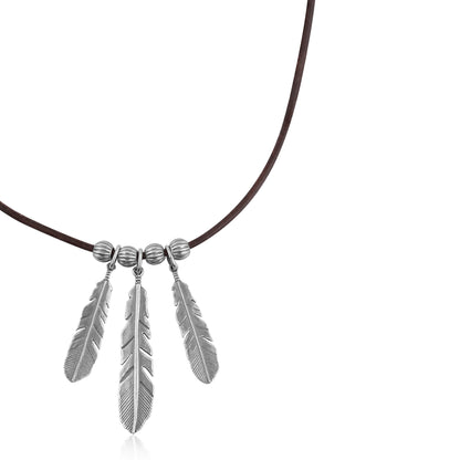 Sterling Silver Triple Feather Brown Leather Necklace
