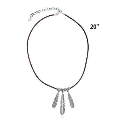 Sterling Silver Triple Feather Black Genuine Leather Necklace, 17 -20 Inches