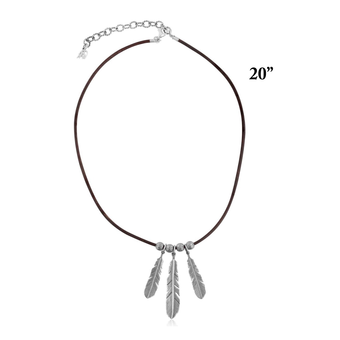 Sterling Silver Triple Feather Brown Genuine Leather Necklace, 17-20 Inches