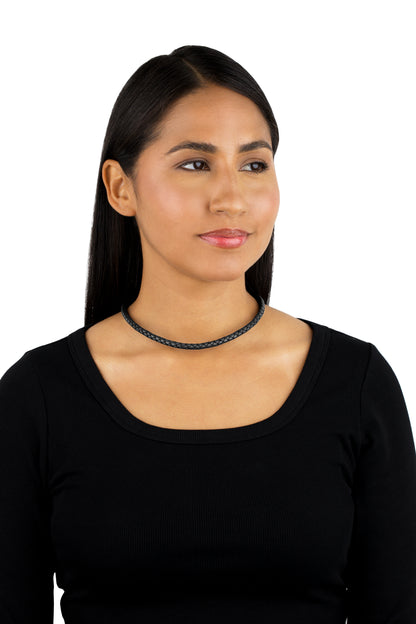 Braided Black Genuine Leather Sterling Silver Necklace, 17 -20 Inches