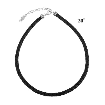 Braided Black Genuine Leather Sterling Silver Necklace, 17 -20 Inches