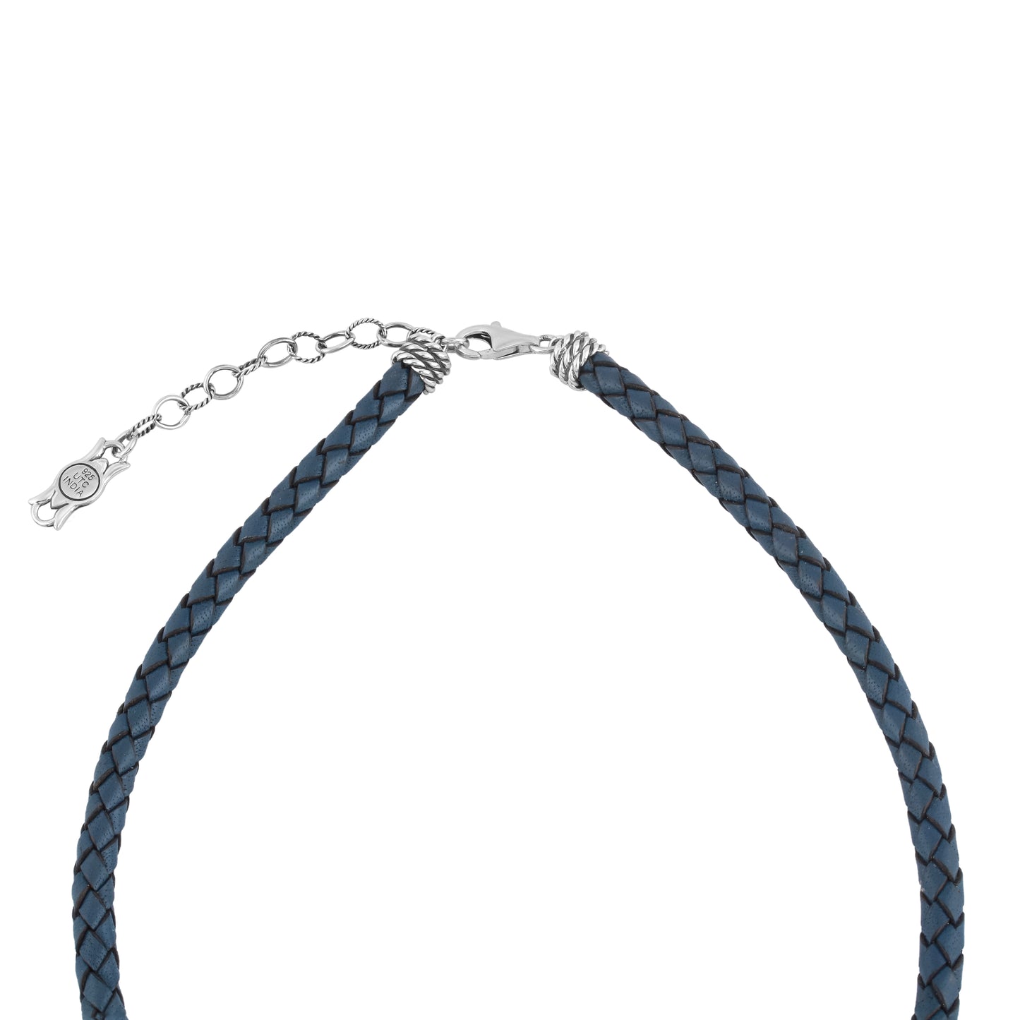 Braided Blue Genuine Leather Sterling Silver Necklace, 17-20 Inches