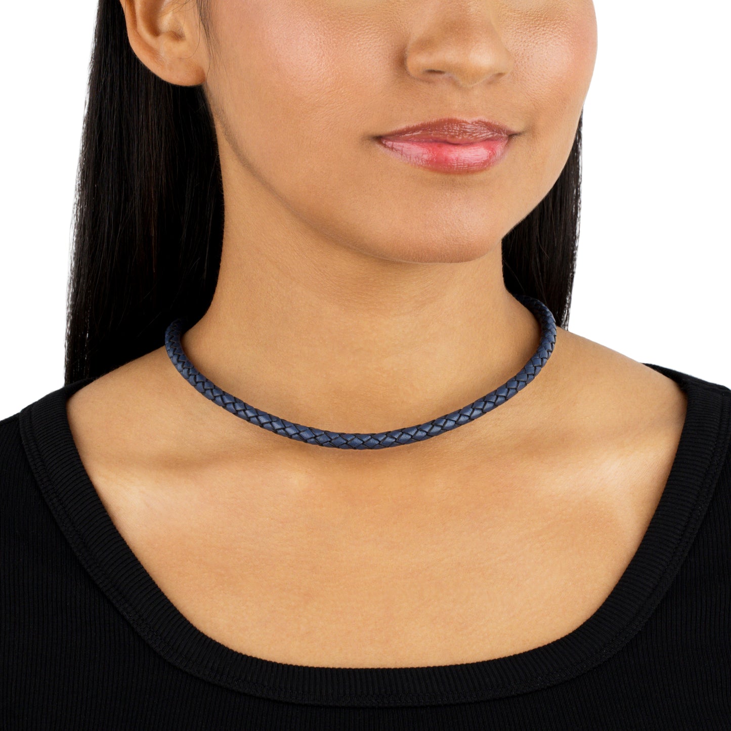 Braided Blue Genuine Leather Sterling Silver Necklace, 17-20 Inches