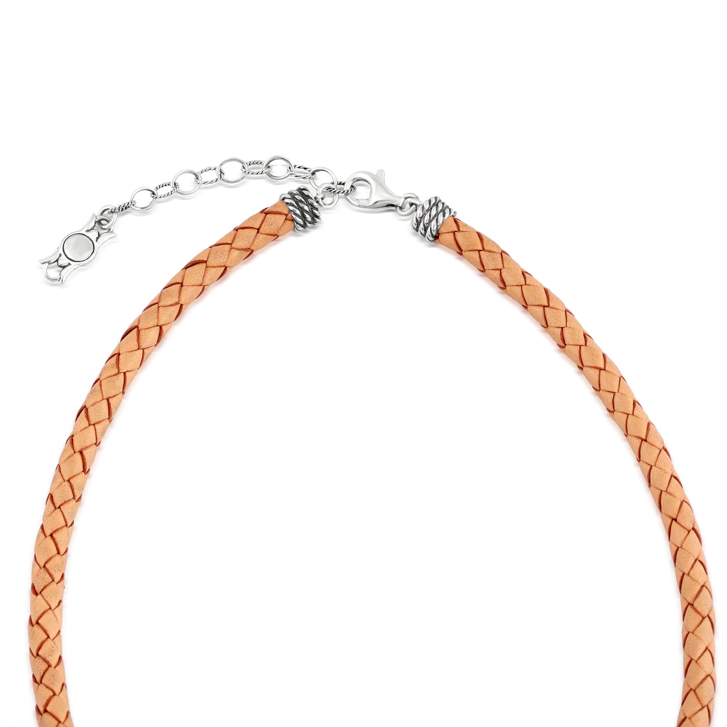 Braided Light Brown Genuine Leather Sterling Silver Necklace, 17 -20 Inches