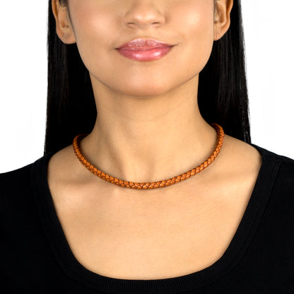 Braided Genuine Antique Orange Leather Sterling Silver Necklace, 17 to 20 Inches