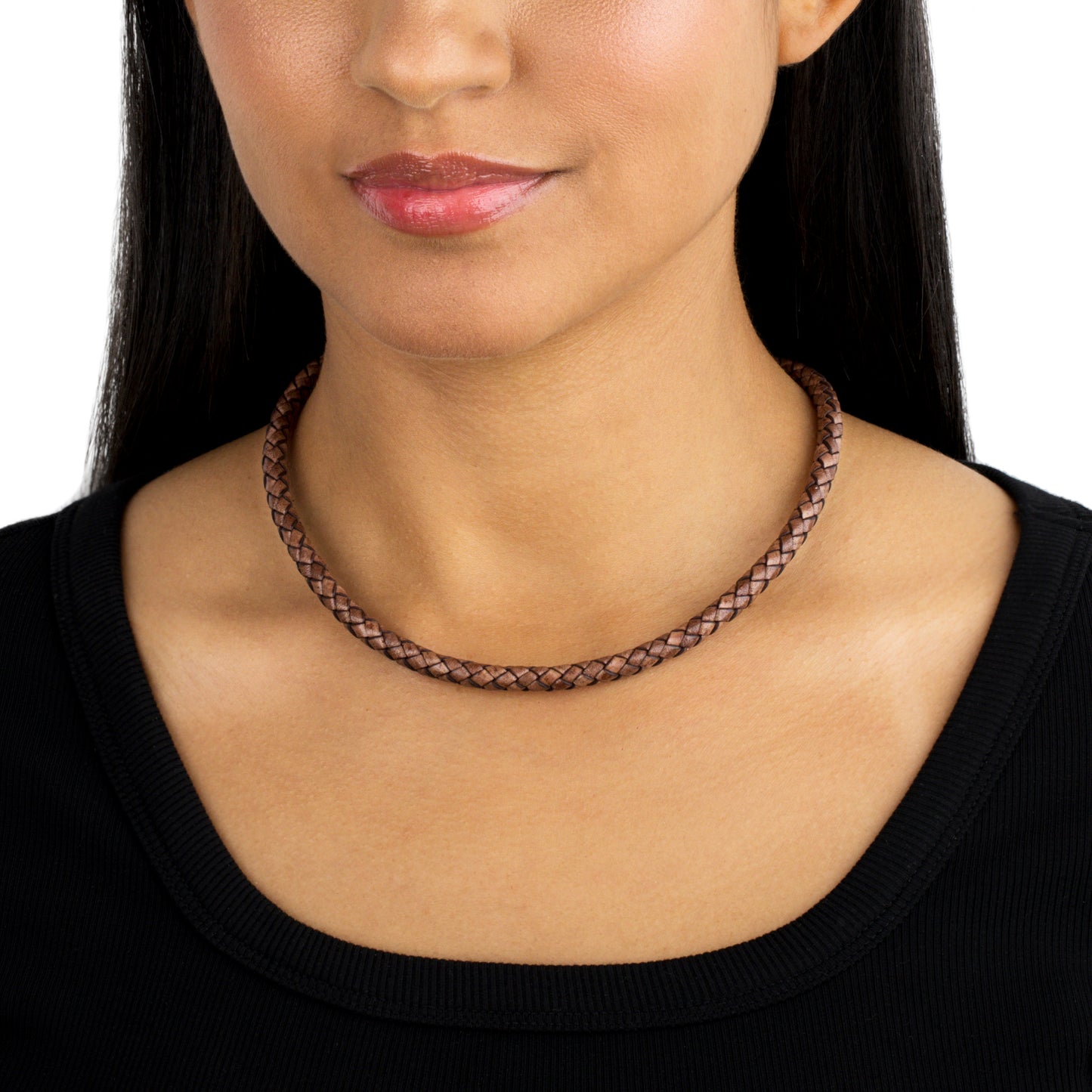 Braided Brown Genuine Leather Sterling Silver Necklace, 17 -20 Inches