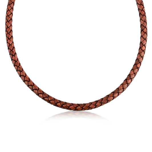 Braided Genuine Leather Brown Sterling Silver Necklace