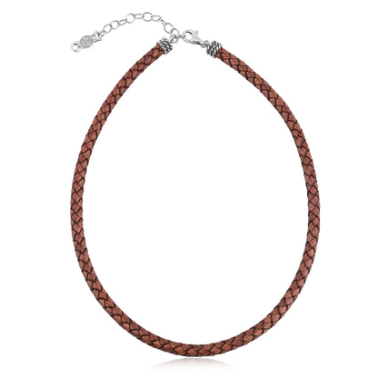 Braided Brown Genuine Leather Sterling Silver Necklace, 17 -20 Inches