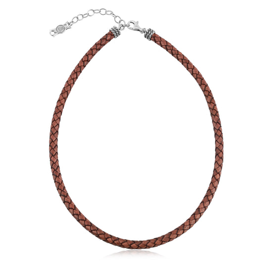 Braided Brown Genuine Leather Sterling Silver Necklace, 17 -20 Inches
