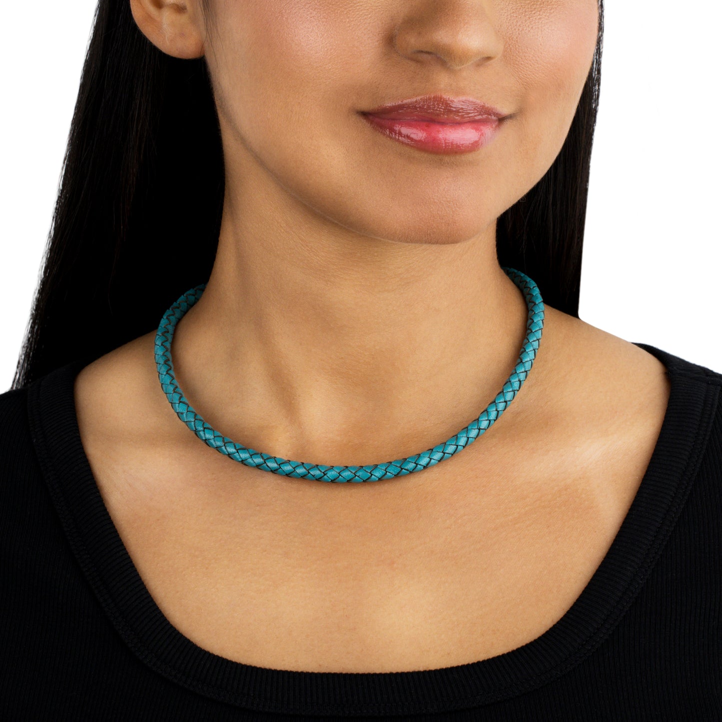 Braided Turquoise Genuine Leather Sterling Silver Necklace, 17-20 Inches