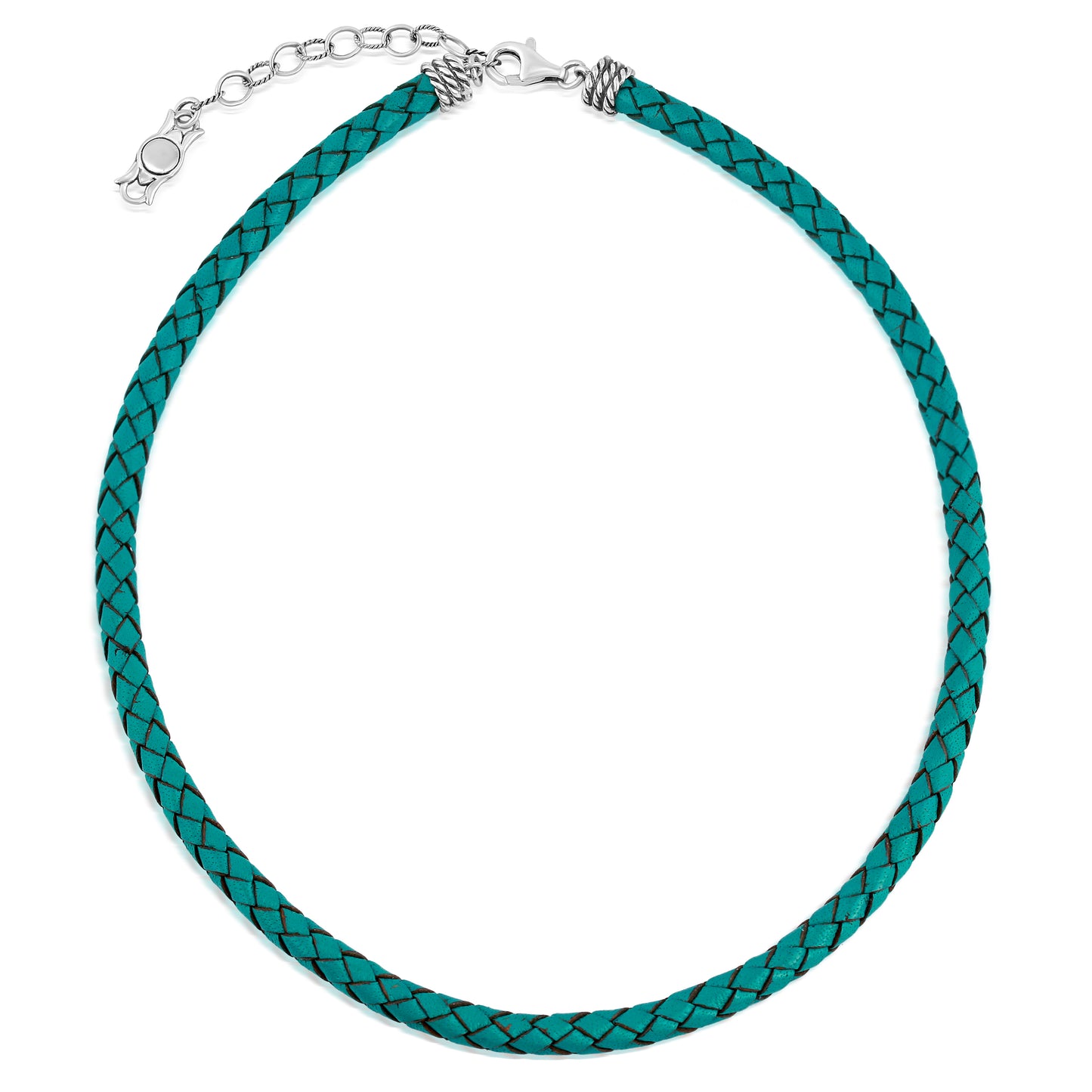 Braided Turquoise Genuine Leather Sterling Silver Necklace, 17-20 Inches