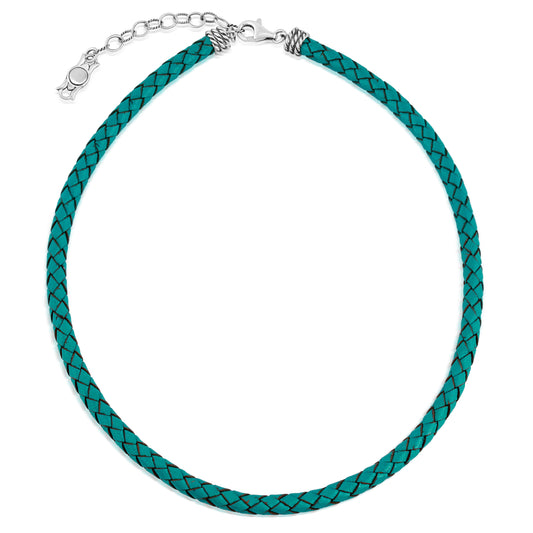 Braided Turquoise Genuine Leather Sterling Silver Necklace, 17-20 Inches