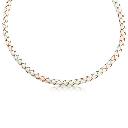 Braided Genuine White Leather Sterling Silver Necklace