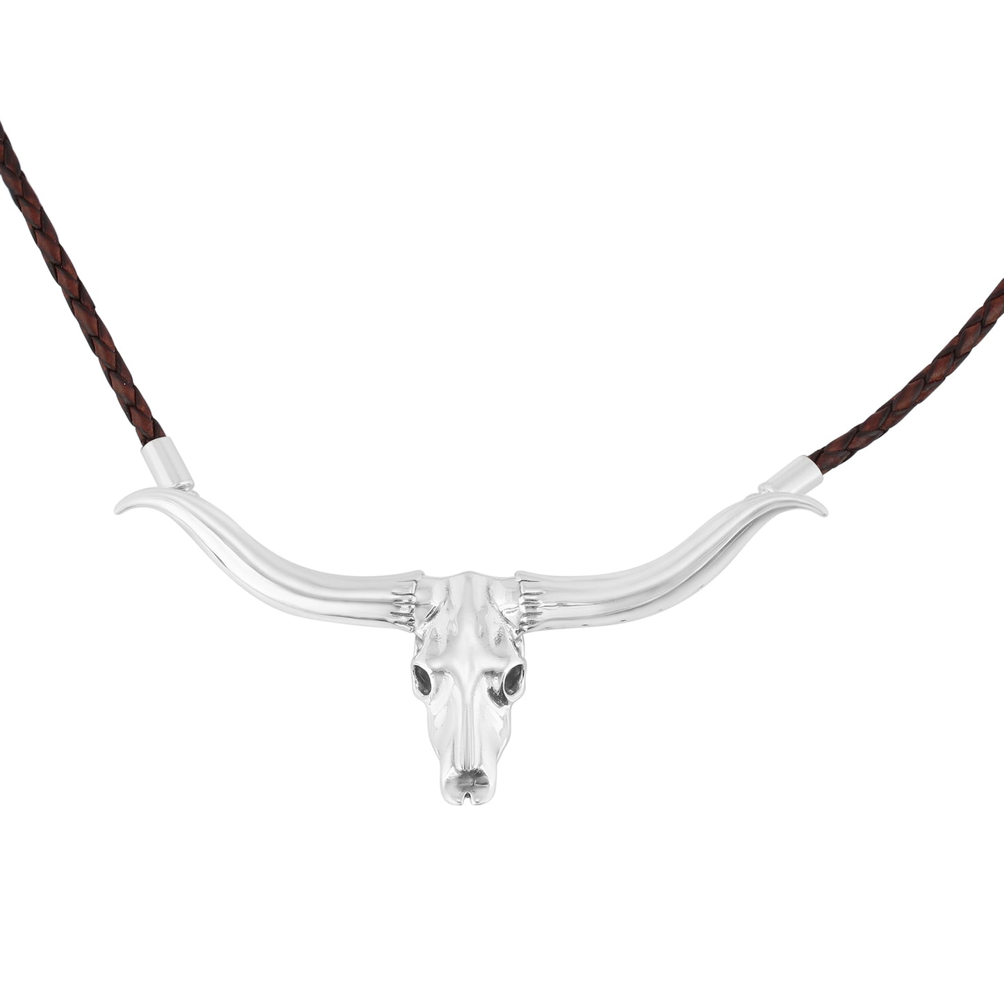 Southwestern Sterling Silver Longhorn Skull Brown Leather Necklace, 17 or 20 Inch Length