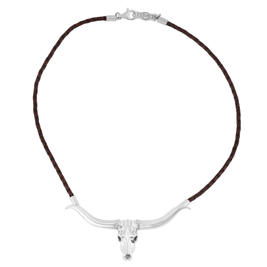Southwestern Sterling Silver Longhorn Skull Brown Leather Necklace, 17 or 20 Inch Length