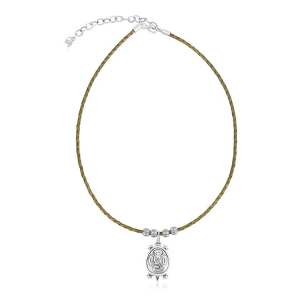 Sterling Silver Brown Leather Turtle Necklace, 17 to 20 Inches