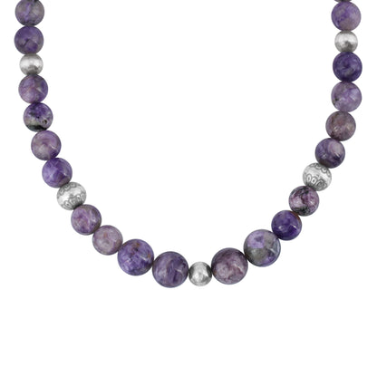 Sterling Silver and Graduated Charoite Gemstone Bead Necklace, 20 Inches