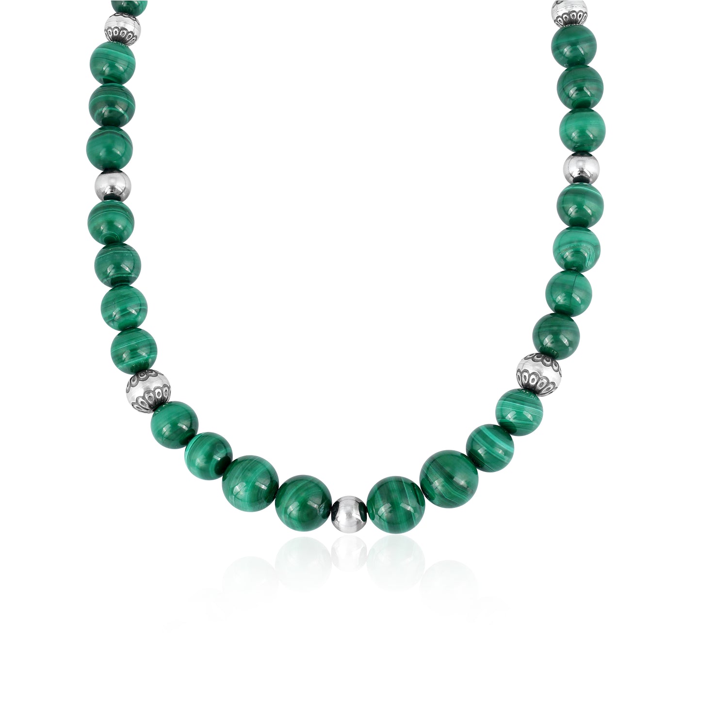 Sterling Silver and Graduated Malachite Bead Necklace 17 Inches