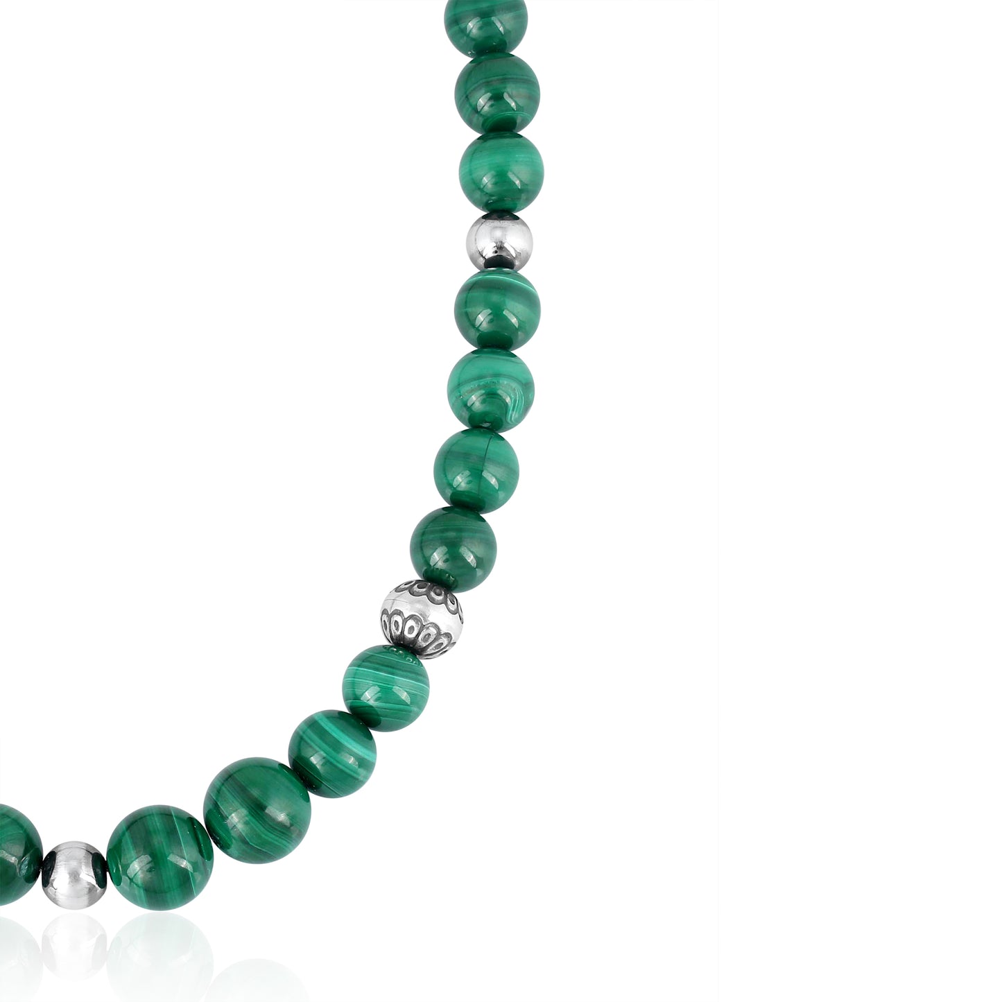 Sterling Silver and Graduated Malachite Bead Necklace 17 Inches