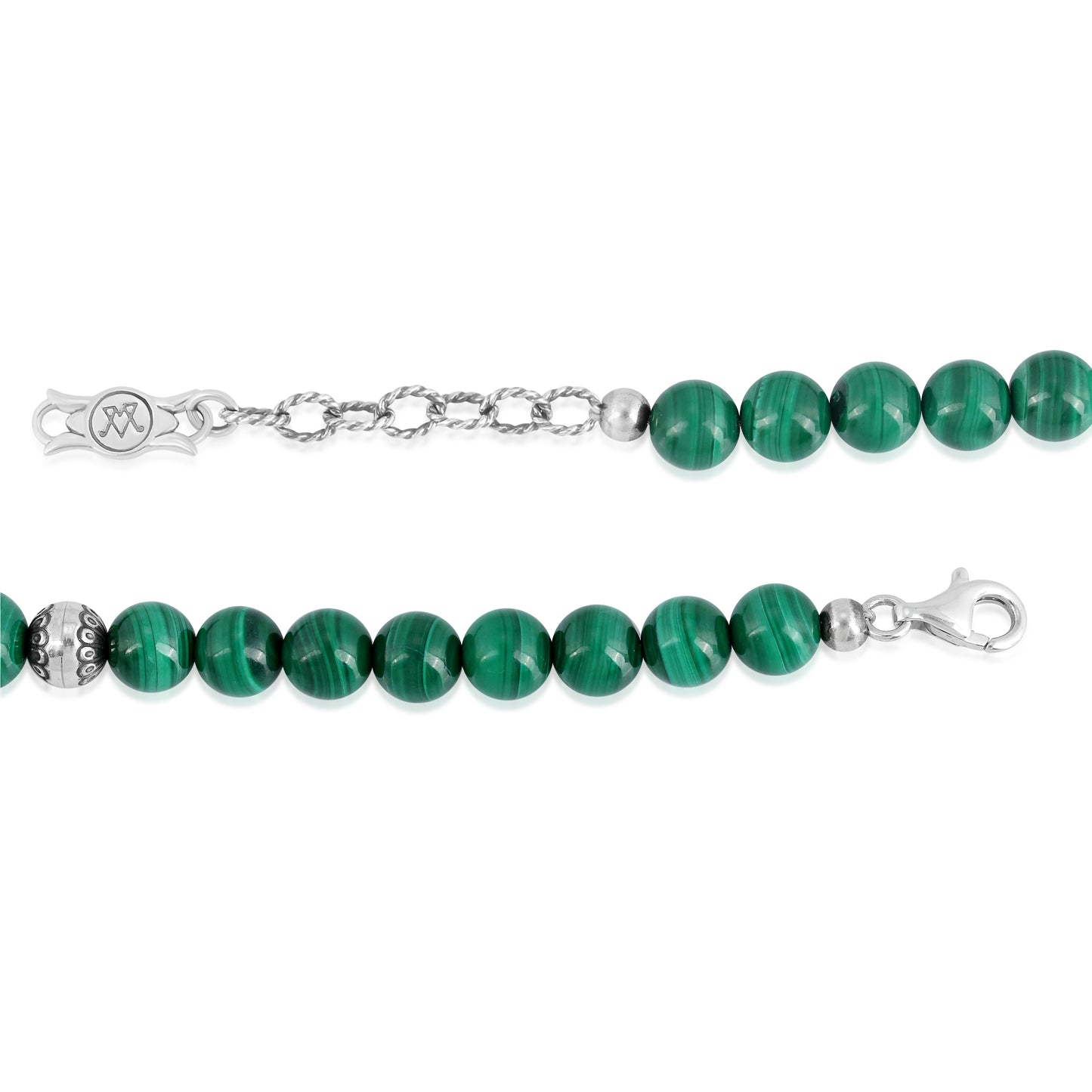 Sterling Silver and Graduated Malachite Bead Necklace 17 Inches