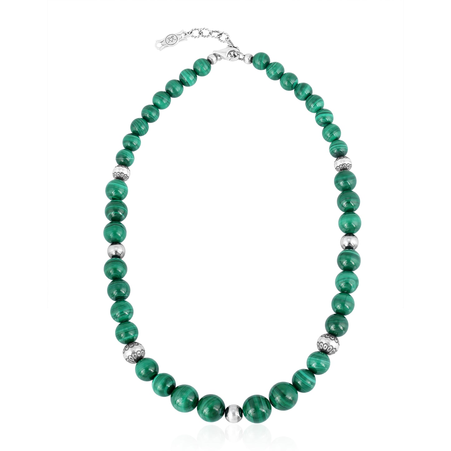 Sterling Silver and Graduated Malachite Bead Necklace 17 Inches