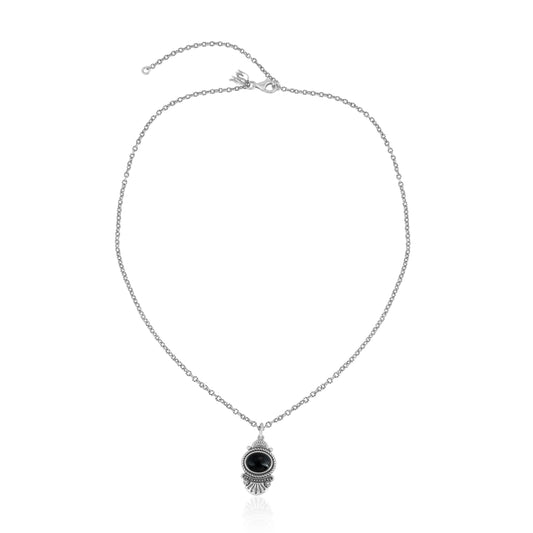 Sterling Silver Black Onyx Gemstone Fan Pendant with Chain Necklace, 17-20 Inches