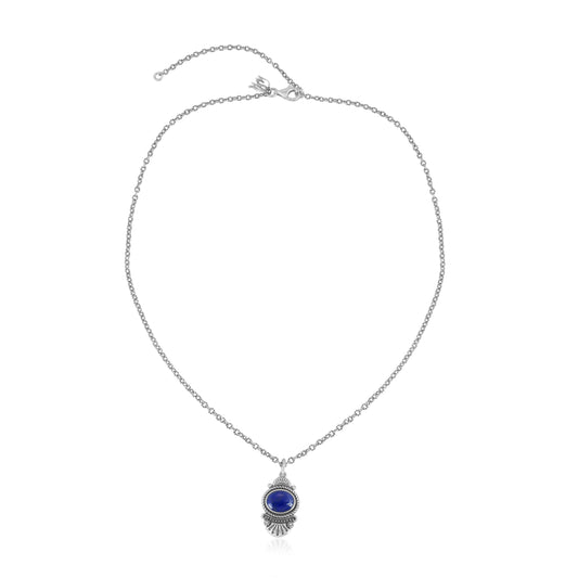 Sterling Silver Lapis Lazuli Gemstone Fan Pendant with Chain Necklace, 17-20 Inches
